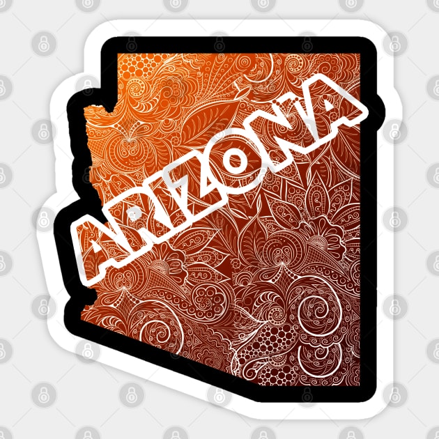 Colorful mandala art map of Arizona with text in brown and orange Sticker by Happy Citizen